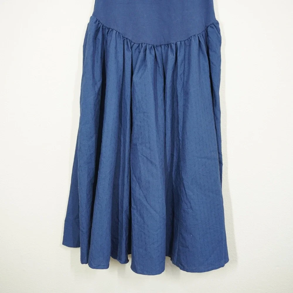 Free People XS Midi Dress Navy Blue Pleated Cap Sleeve Drop Waist Casual Daytime